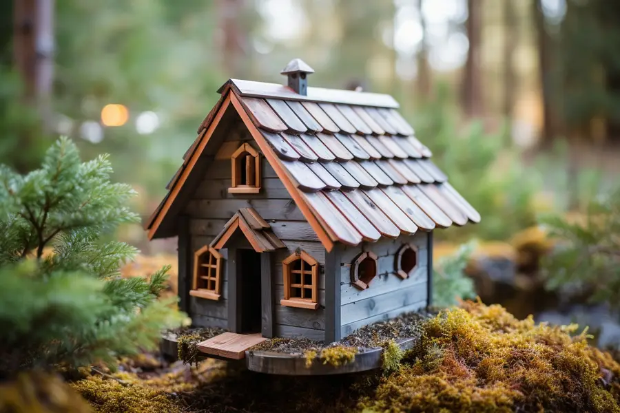 Nichoir en bois brut fixé dans un arbre de jardin