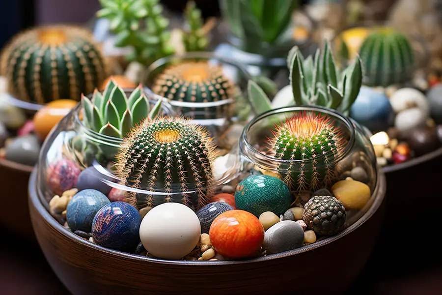 Terrarium ouvert de cactus sur table lumineuse avec substrat minéral
