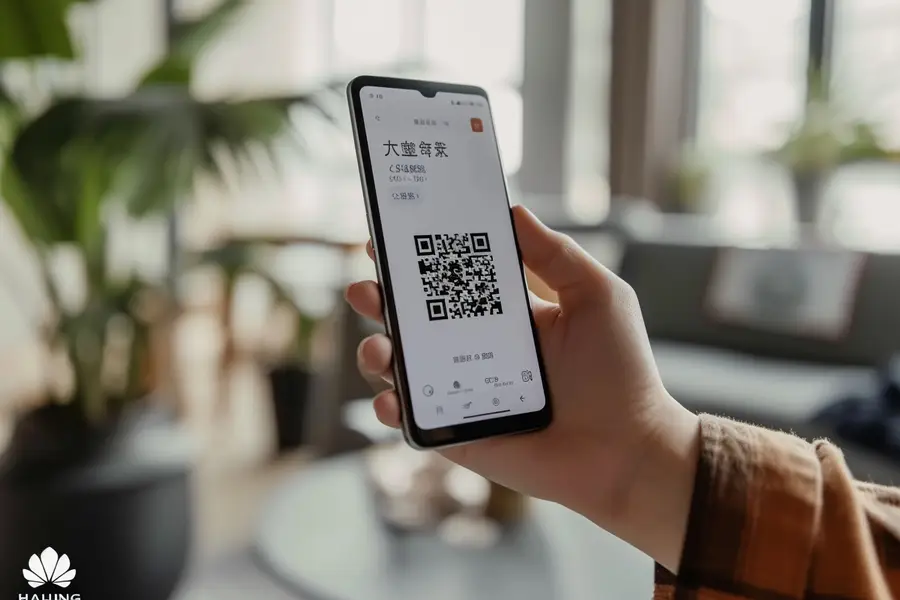 Main tenant un Huawei devant un QR code imprimé net