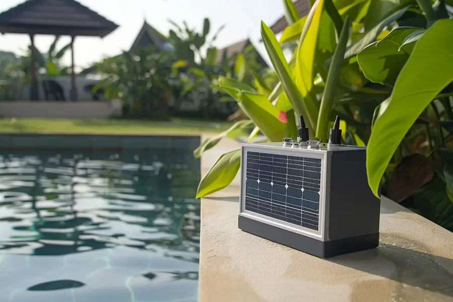 Panneaux photovoltaïques alimentant une pompe près d’une piscine familiale