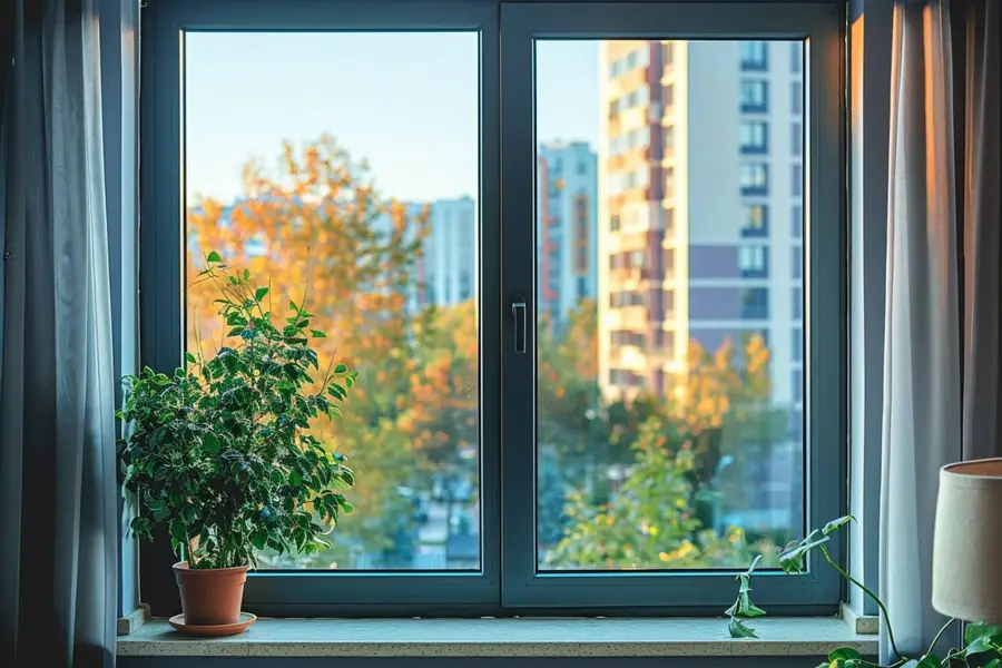 Fenêtre moderne fermée face à une rue passante en ville