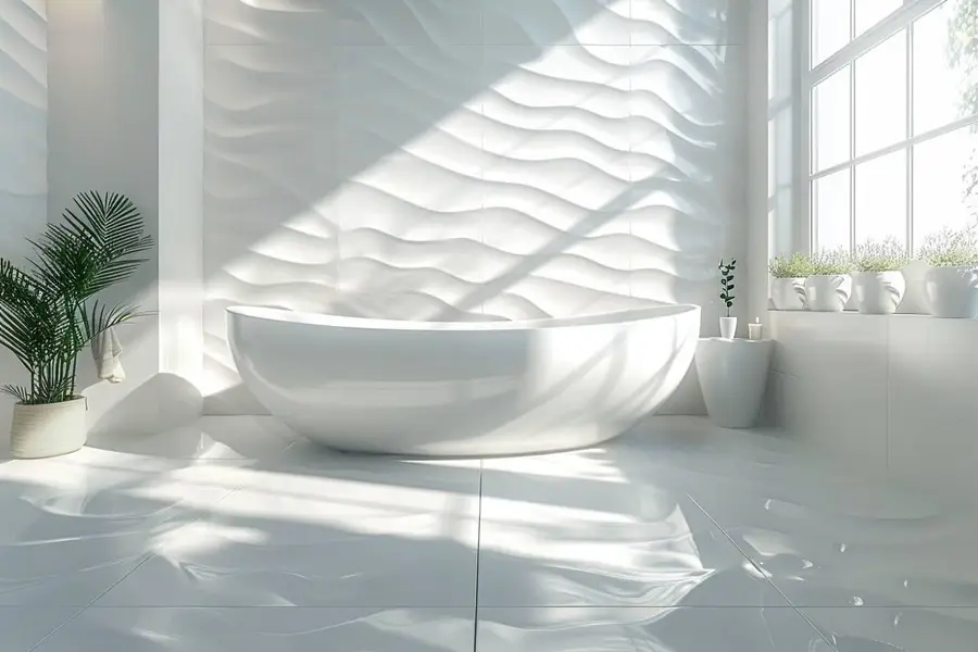 Salle de bain lumineuse avec carrelage beige mat, bois et robinetterie laiton