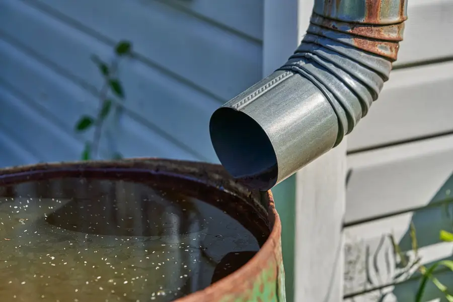 Cuve de récupération reliée à une gouttière dans un jardin