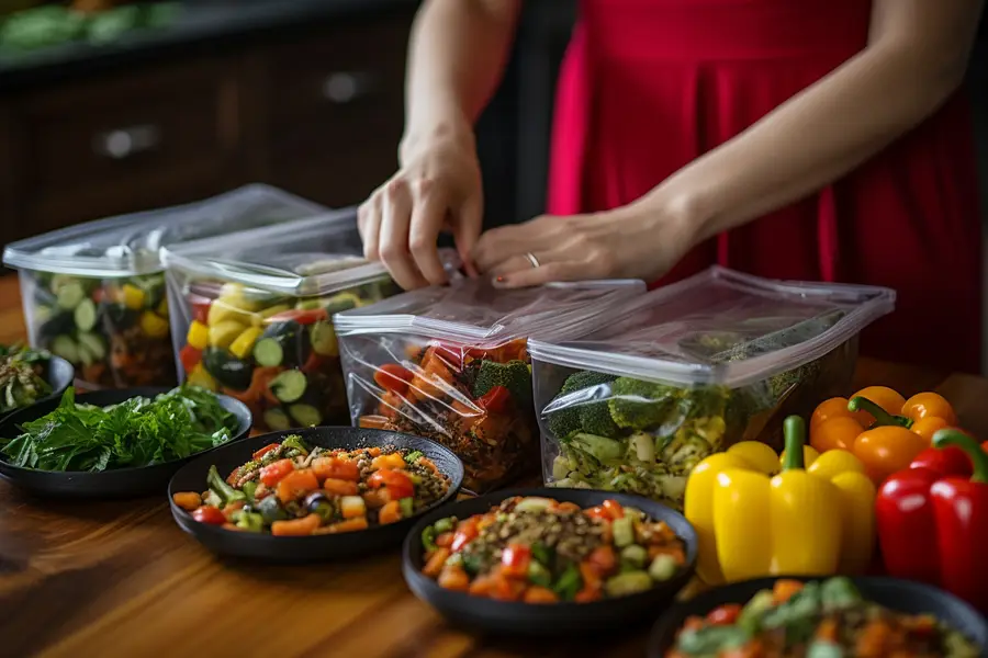 Bocaux réemployés, légumes et sac de courses sur plan de cuisine