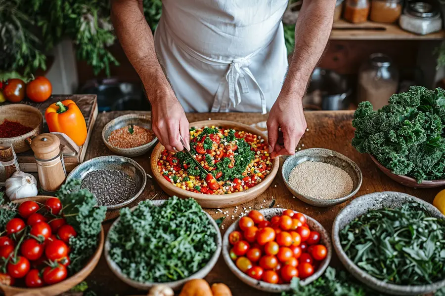 Bol végétalien coloré avec lentilles, légumes, graines et tofu
