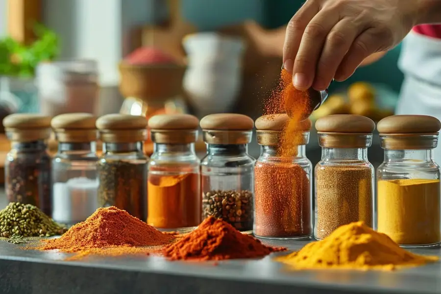 Cuillères d’épices colorées près de légumes rôtis maison