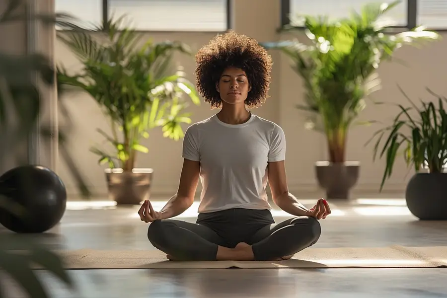 Salariée de dos faisant une pause de respiration devant son bureau