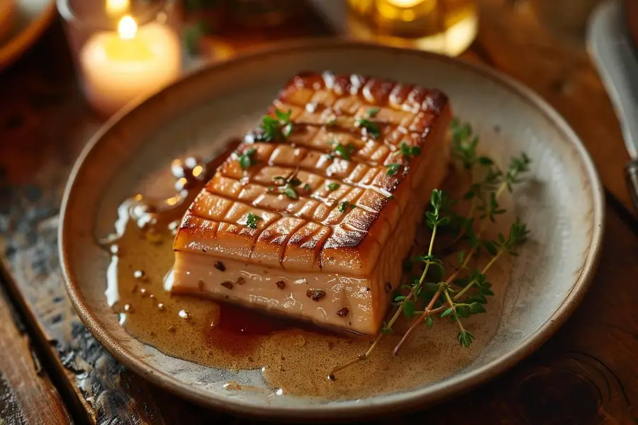 Tranche de foie gras servie avec pain toasté et figue fraîche