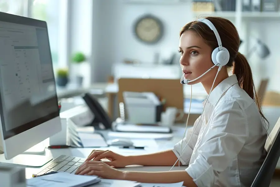 Télésecrétaire organisant des dossiers urgents sur deux écrans professionnels