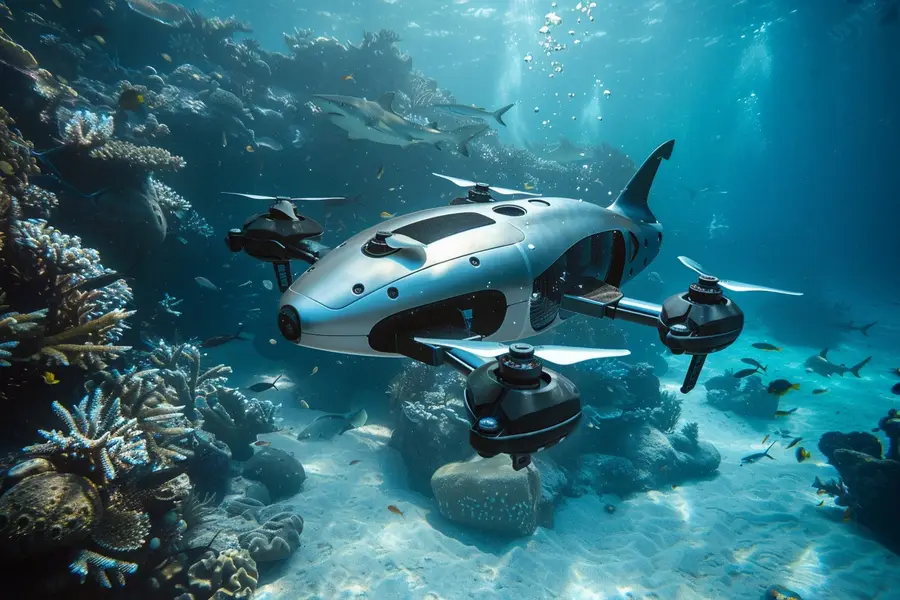 Drone sous-marin filmant un requin au-dessus d’un récif rocheux