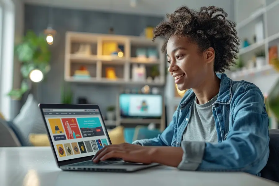 Consommatrice comparant des offres e-commerce sur ordinateur et smartphone