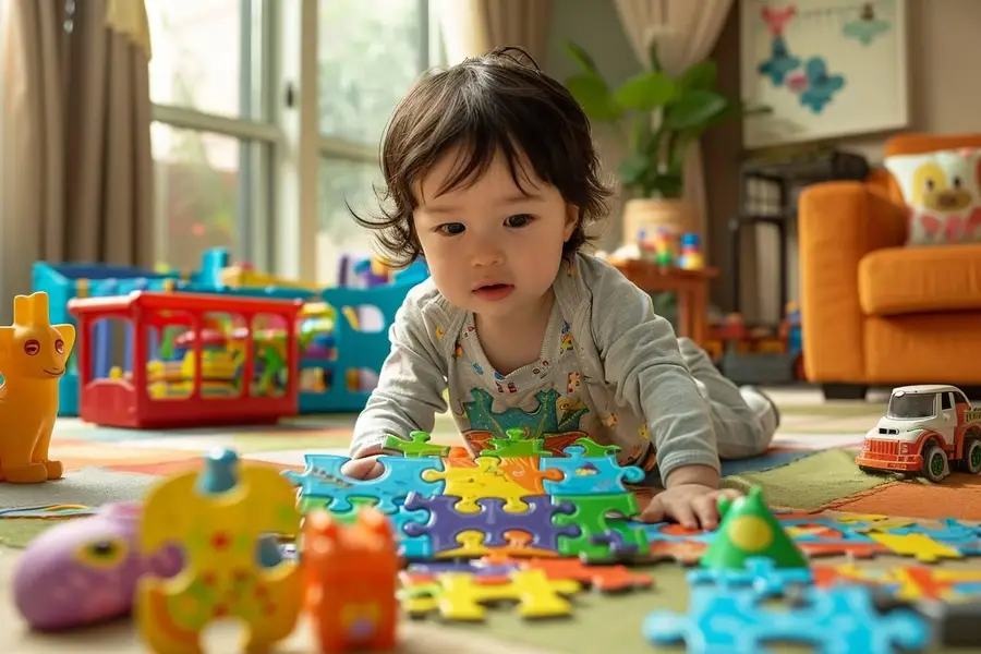 Enfant construisant calmement une tour colorée dans un salon familial