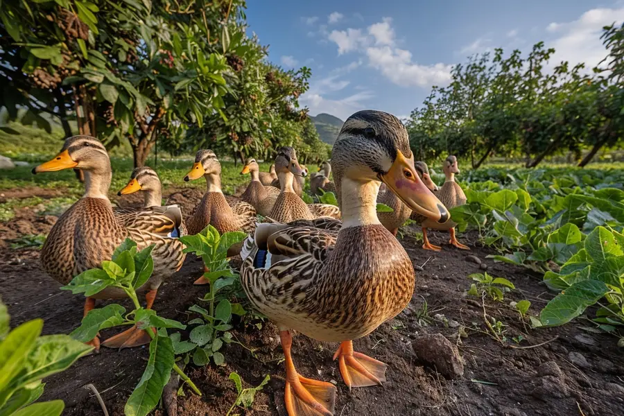 Élevage de canards avec haies et bâtiment agricole au Sud-Ouest