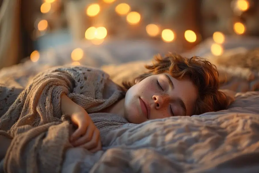 Personne assise au bord du lit dans une chambre tamisée