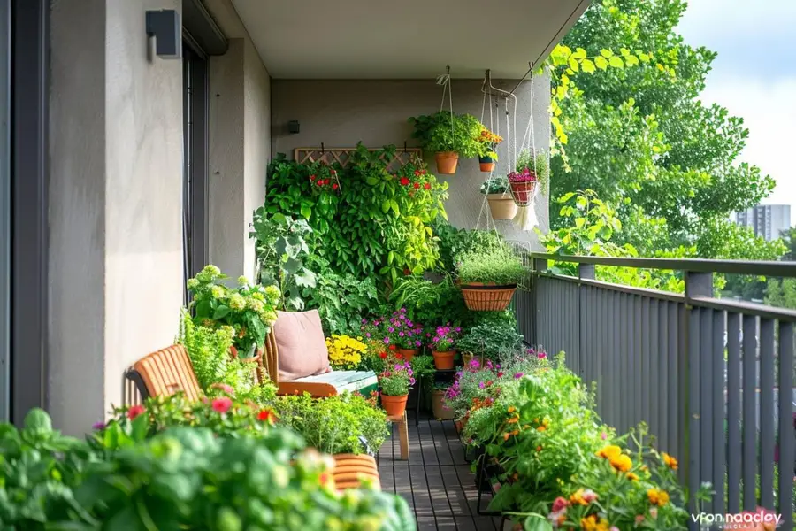 Petit balcon urbain aménagé avec bacs potagers, aromatiques et tomates cerises