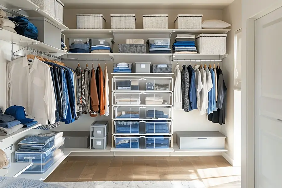 Placard domestique organisé avec boîtes étiquetées et rangement vertical