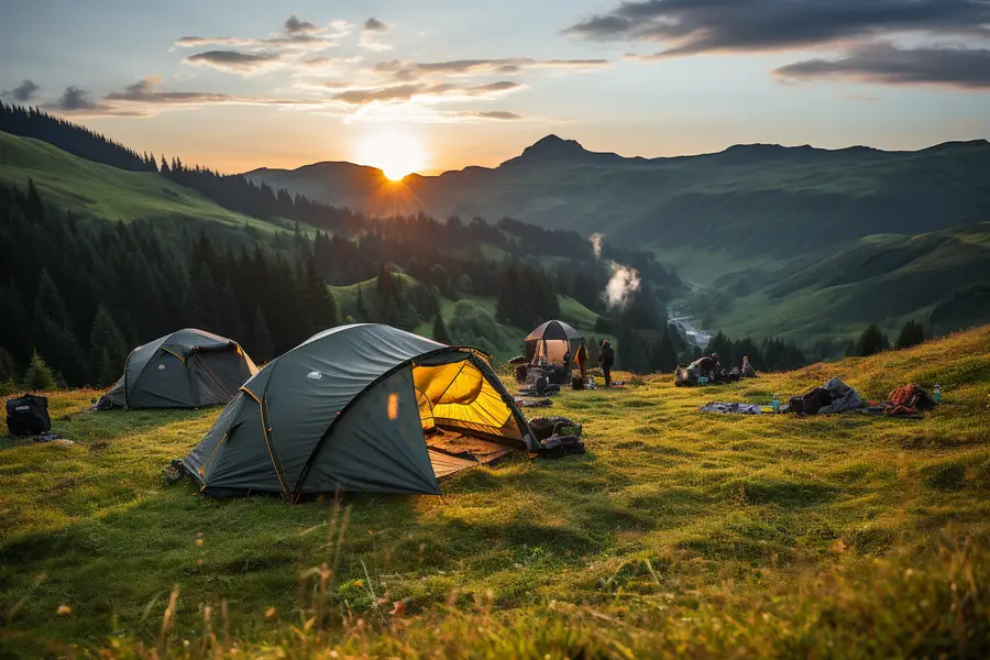 Tente légère installée au crépuscule sur un plateau montagneux français