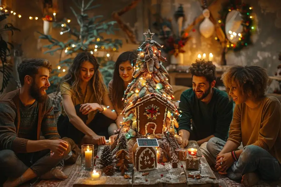 Table de Noël chaleureuse décorée avec tissus, bocaux et végétaux naturels