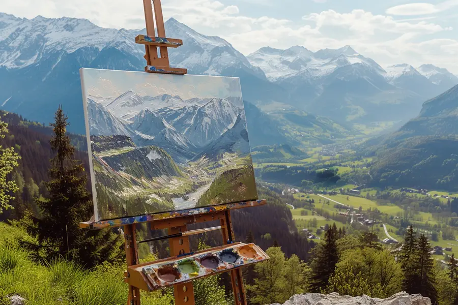 Artiste peignant un massif alpin sur toile dans un atelier lumineux