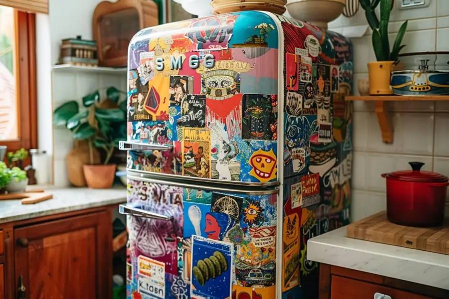 Réfrigérateur rétro crème décoré de stickers géométriques dans une cuisine française