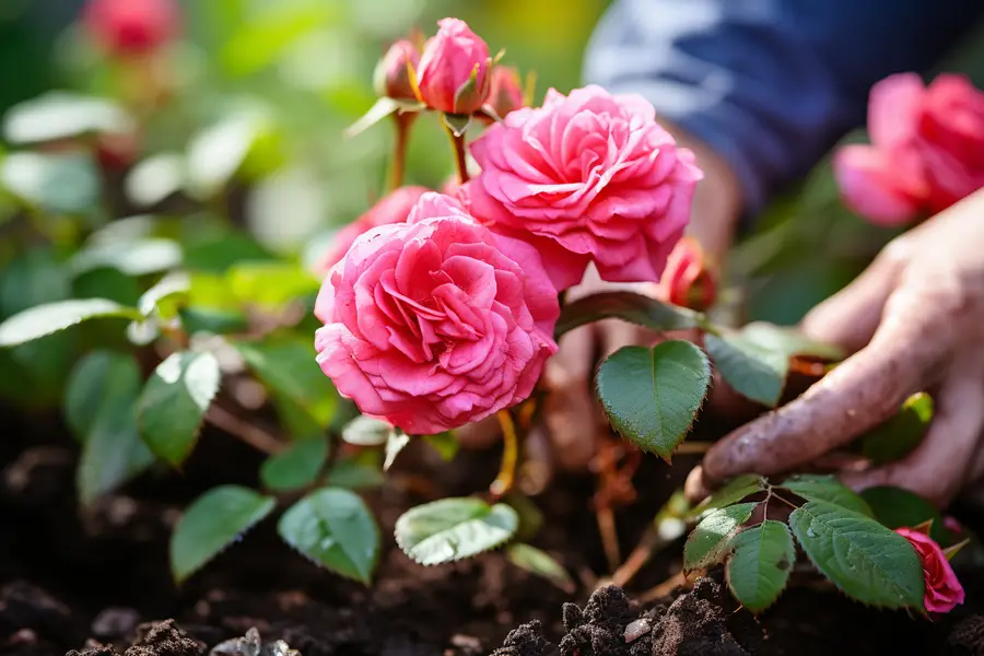 Rosier rose en fleurs dans un jardin français paillé