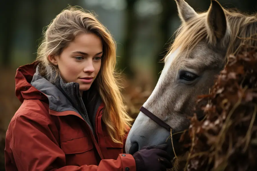 Cheval bai pansé dans une écurie lumineuse avec foin propre