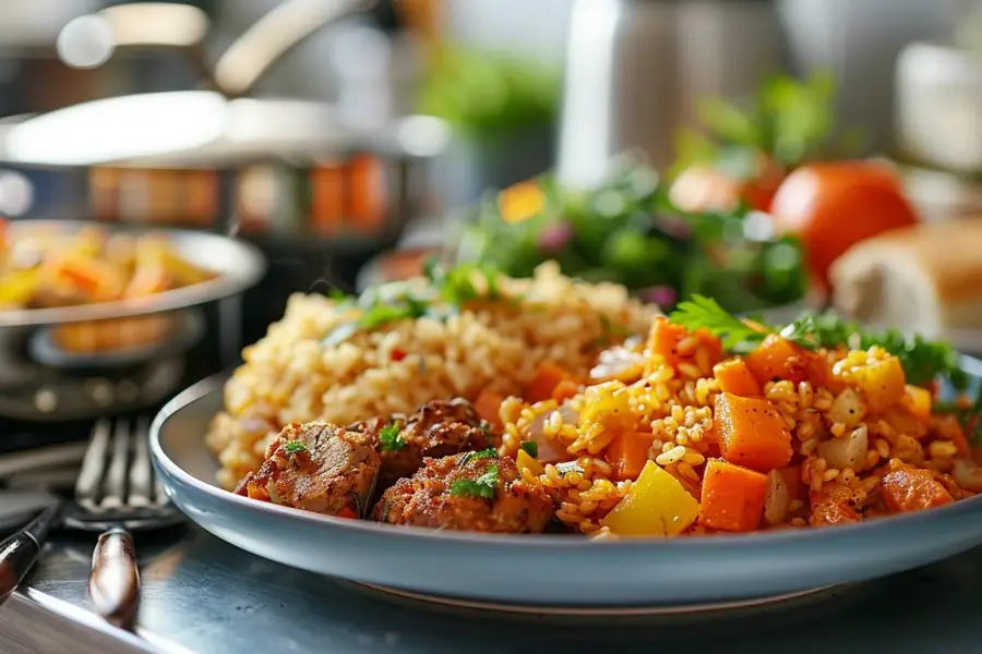 Table de cuisine avec légumes, lentilles et plats maison colorés