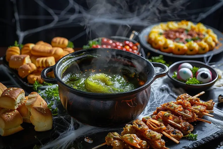 Table d’Halloween avec mini-pizzas momies et brownie cimetière