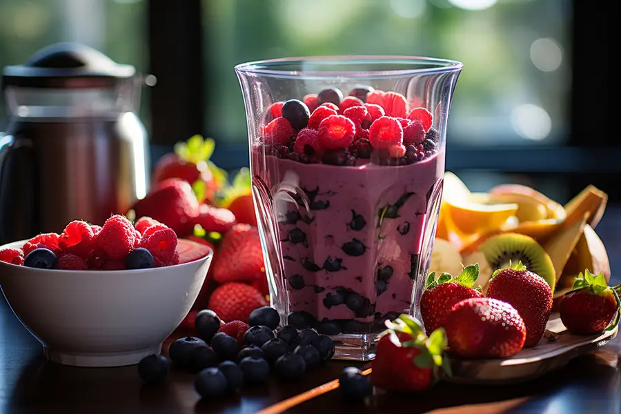 Verre de smoothie violet à l’açaï avec banane et avoine