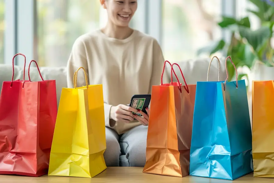 Acheteur comparant un panier en ligne et un code promotionnel sur smartphone