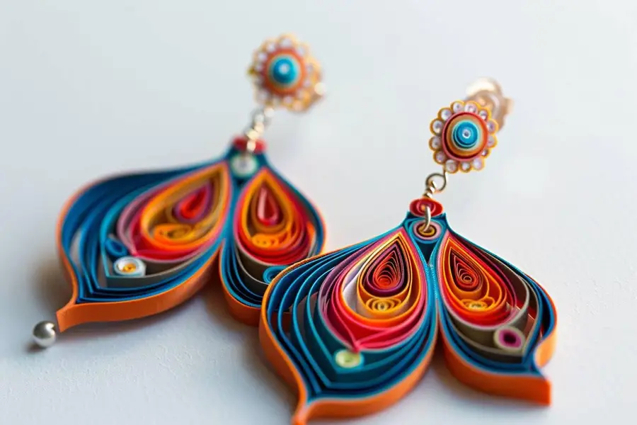 Boucles d’oreilles fleuries en quilling 3D coloré sur table créative