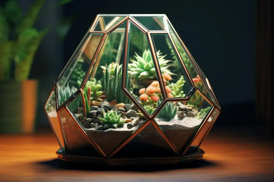 Terrarium tropical en verre avec fittonias, fougère miniature et mousse