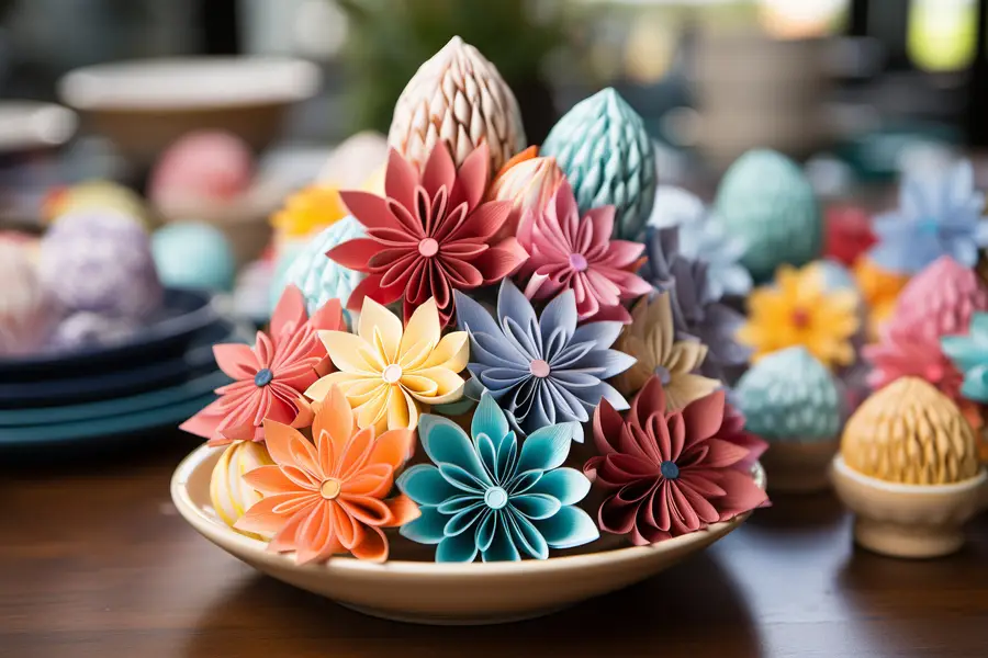 Table de Pâques fleurie avec œufs en papier et branches décoratives