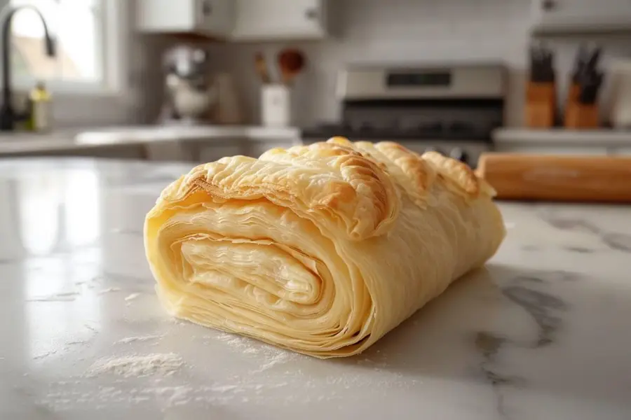 Pâte feuilletée crue emballée près d’un congélateur domestique ouvert