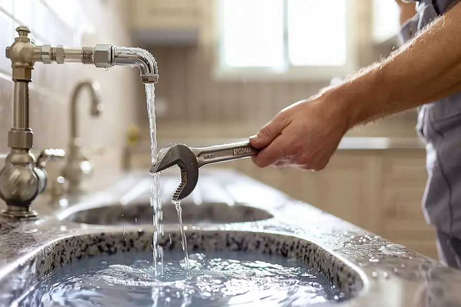 Main fermant une vanne d’eau sous un évier de cuisine