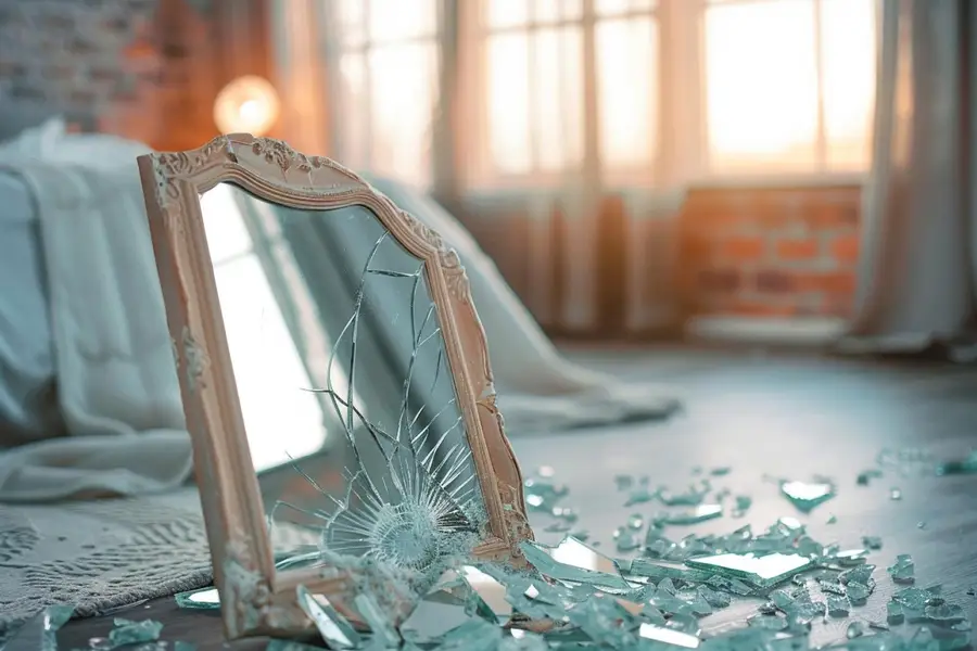 Miroir fissuré posé sur table avec gants et ruban de protection