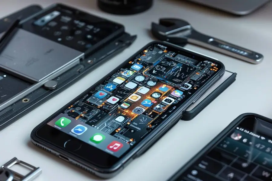 iPhone en réparation relié à un ordinateur sur établi