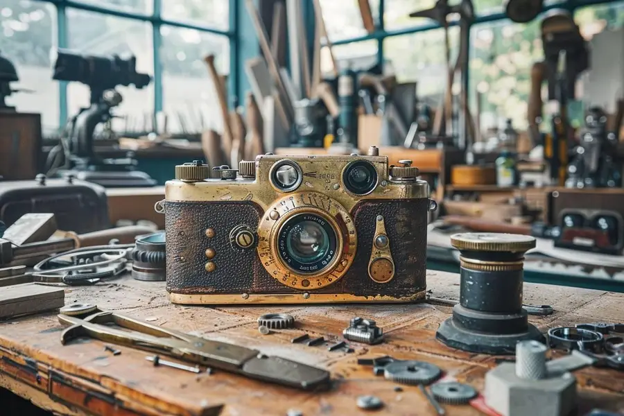 Boîtier argentique ancien nettoyé avec outils de précision sur table