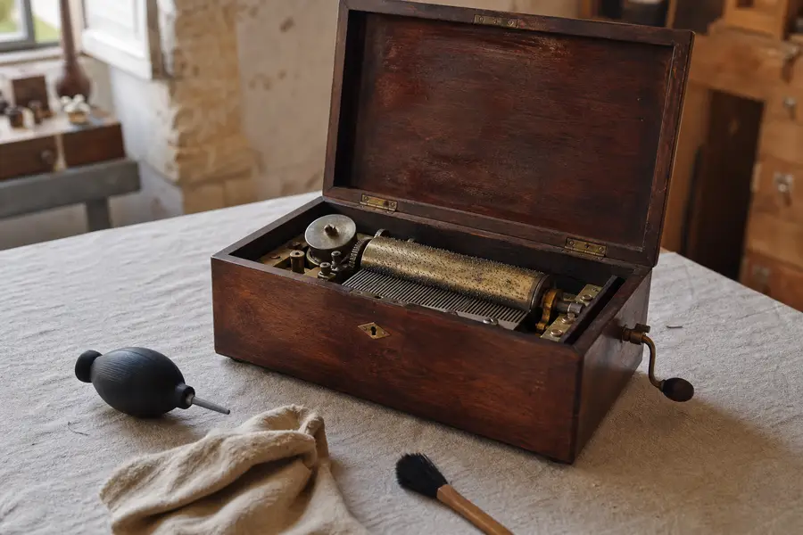 Boîte à musique ancienne ouverte avec cylindre et peigne métallique