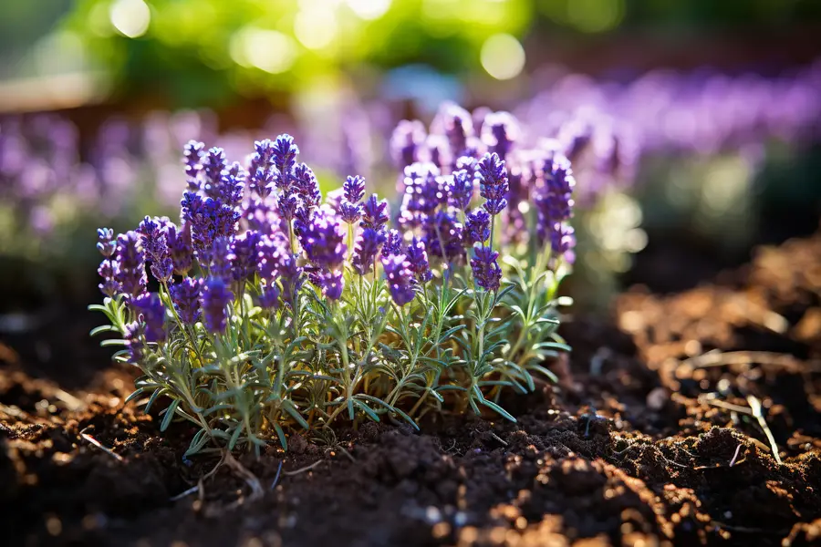 Touffe de lavande violette en plein soleil dans un jardin sec