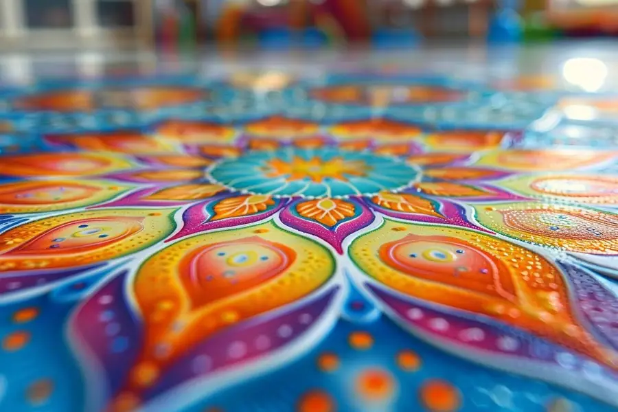 Main inspectant le bord d’un sticker mural coloré légèrement décollé