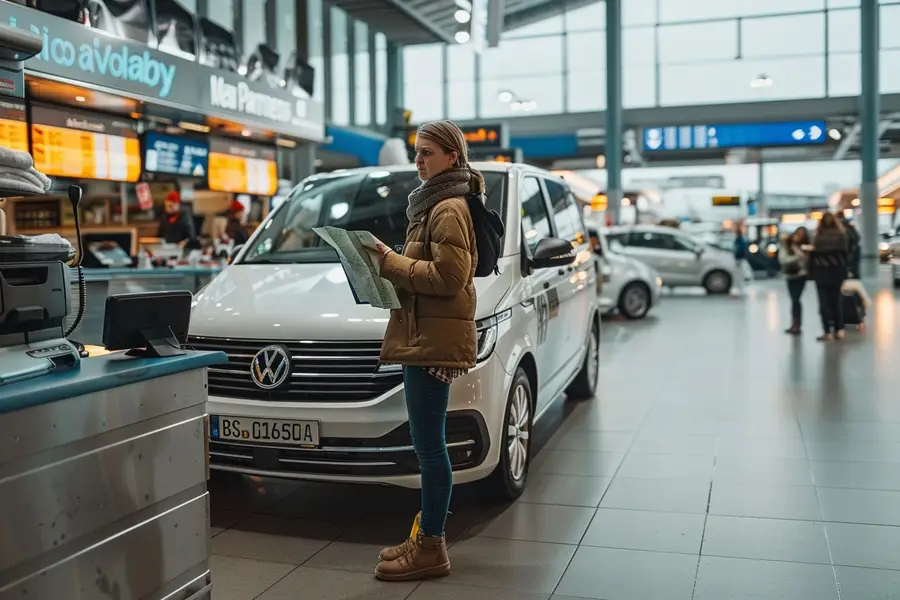 Famille chargeant des valises dans un grand véhicule sept places
