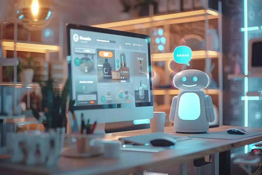 Écran de boutique en ligne avec assistant conversationnel et fiches produits