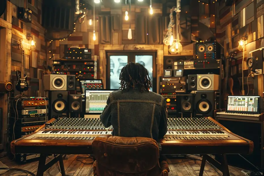 Studio de musique traité acoustiquement avec ordinateur et matériel audio