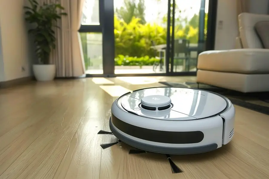 Robot laveur autonome nettoyant un sol dur dans un salon lumineux