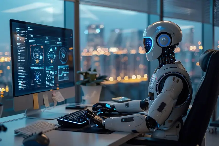 Analyste consultant un tableau de bord Power BI avec indicateurs IA