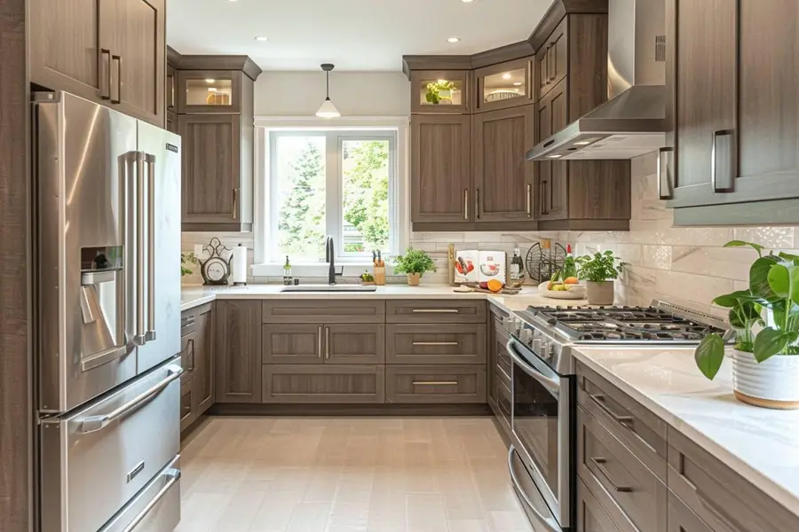 Cuisine contemporaine en cours de comparaison avec échantillons de façades et plans