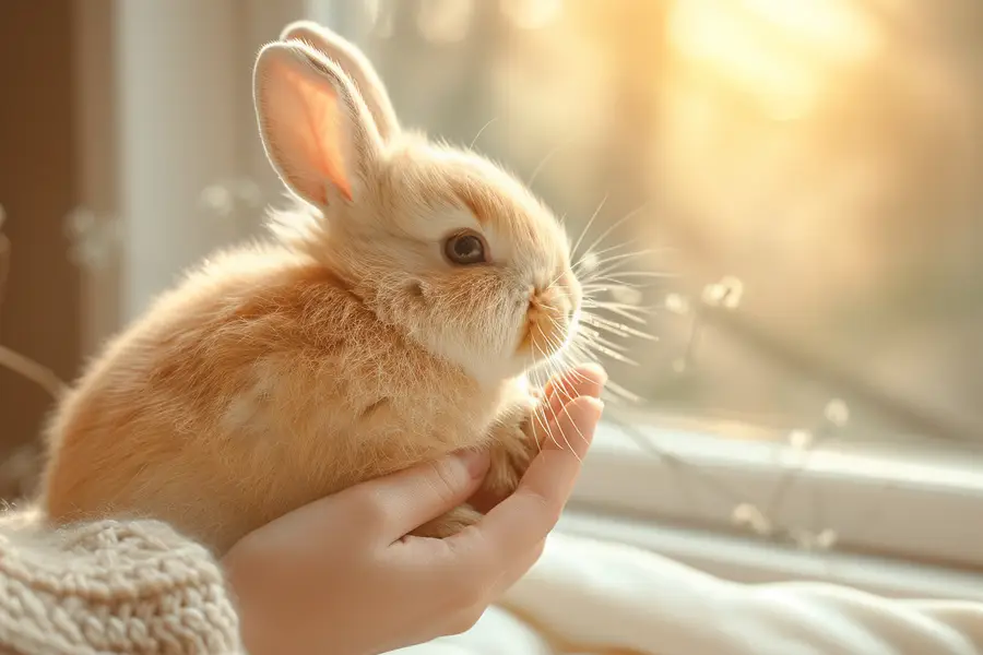 Lapin domestique léchant doucement la main d’une personne assise au sol