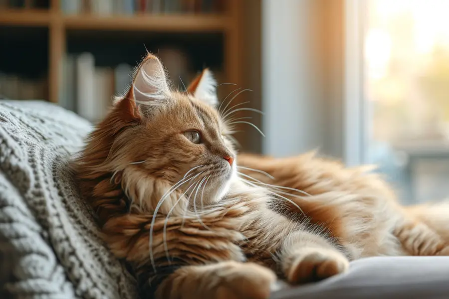 Chat tigré détendu ronronnant sur un plaid près d’une fenêtre