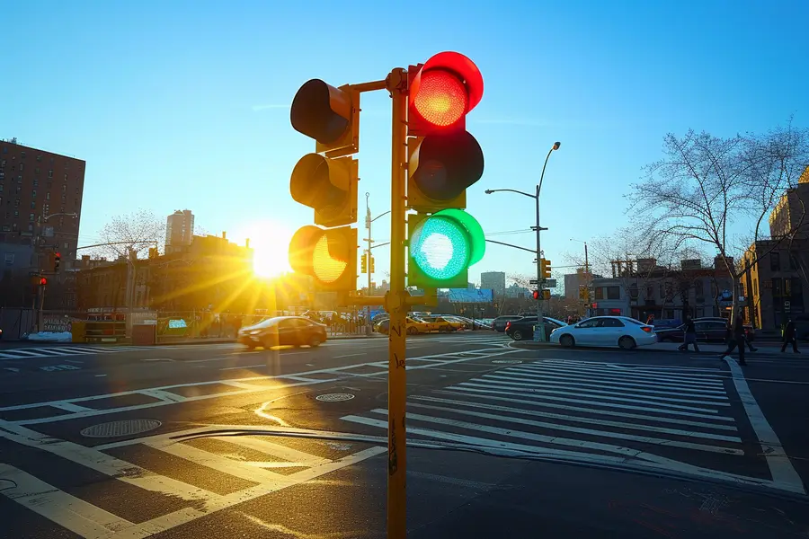 Feu tricolore français devant un passage piéton à une intersection urbaine